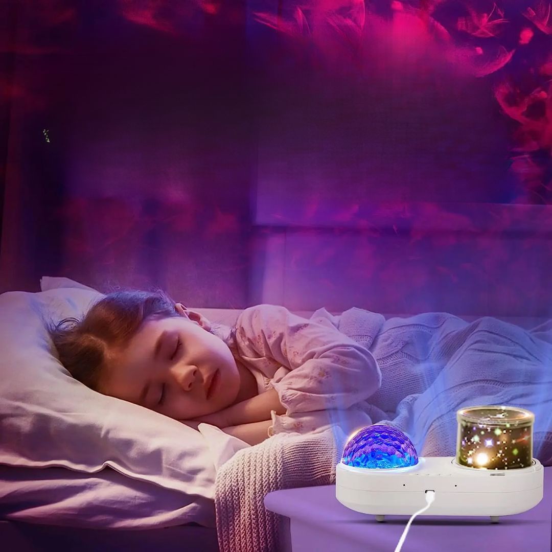 fillette dort veilleuse bebe projection plafond