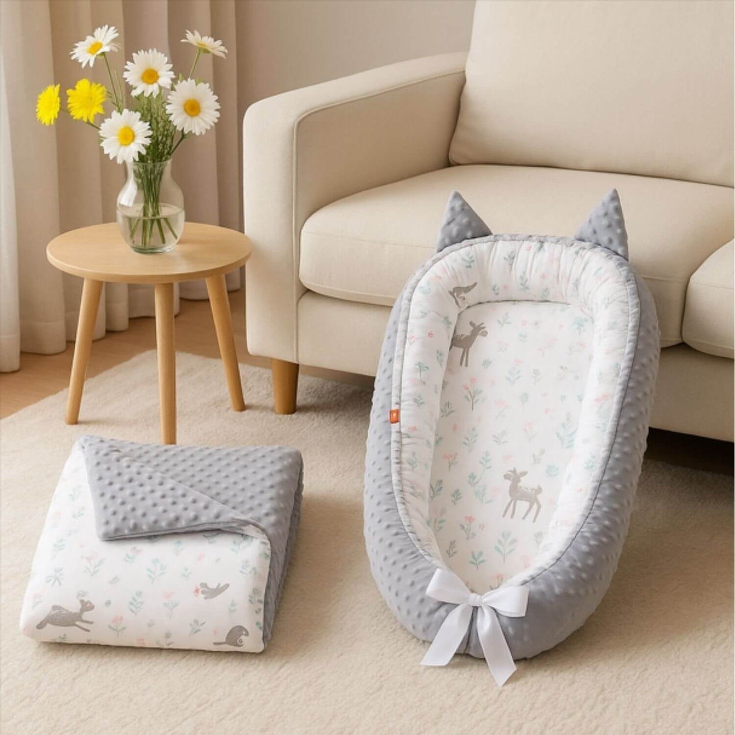 nid dange gris installe dans le salon pour bebe