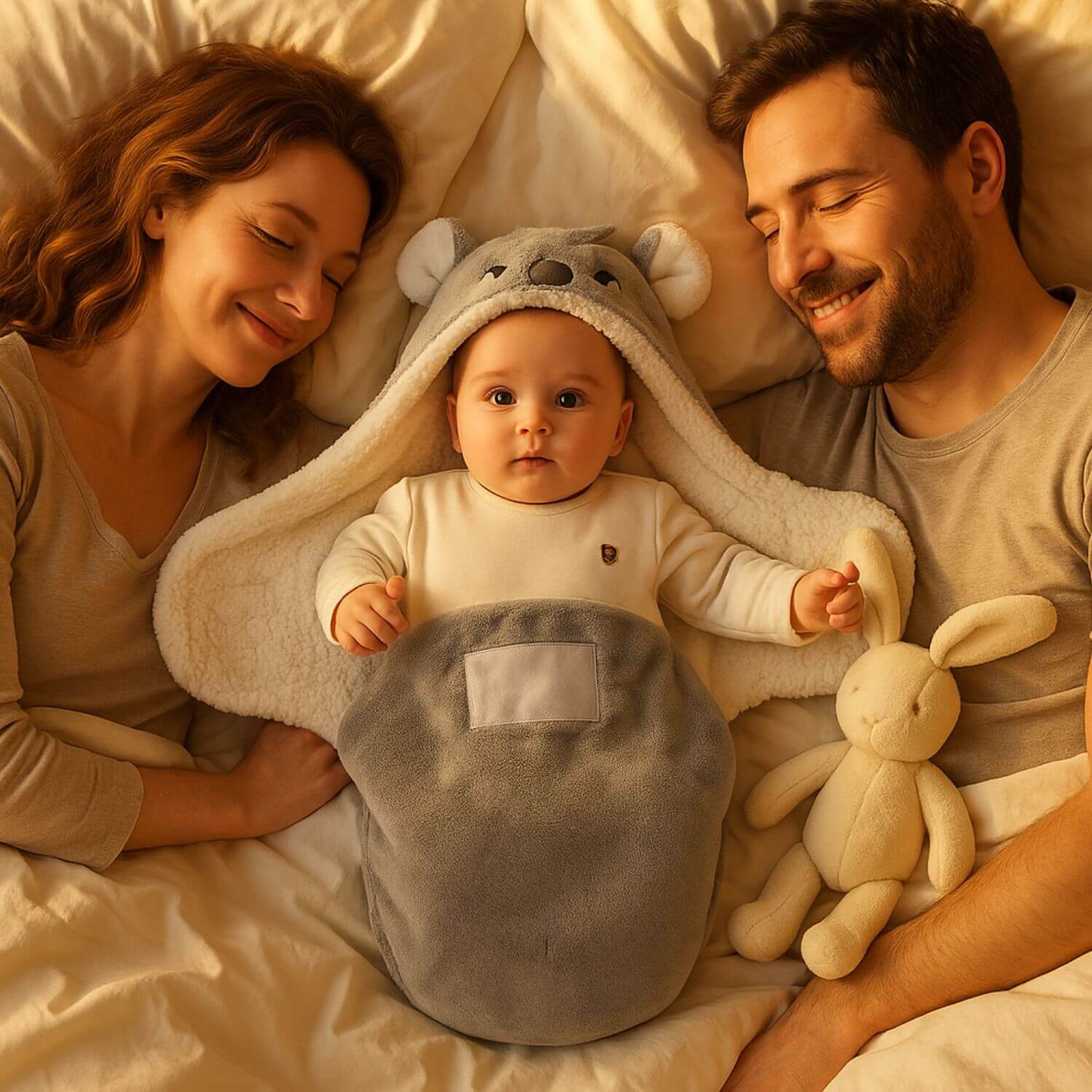 bebe nid dange gris lit parents calin
