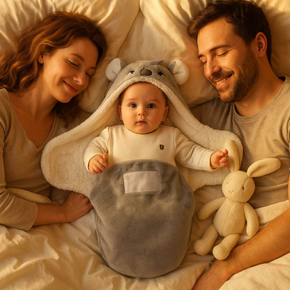 bebe nid dange gris lit parents calin