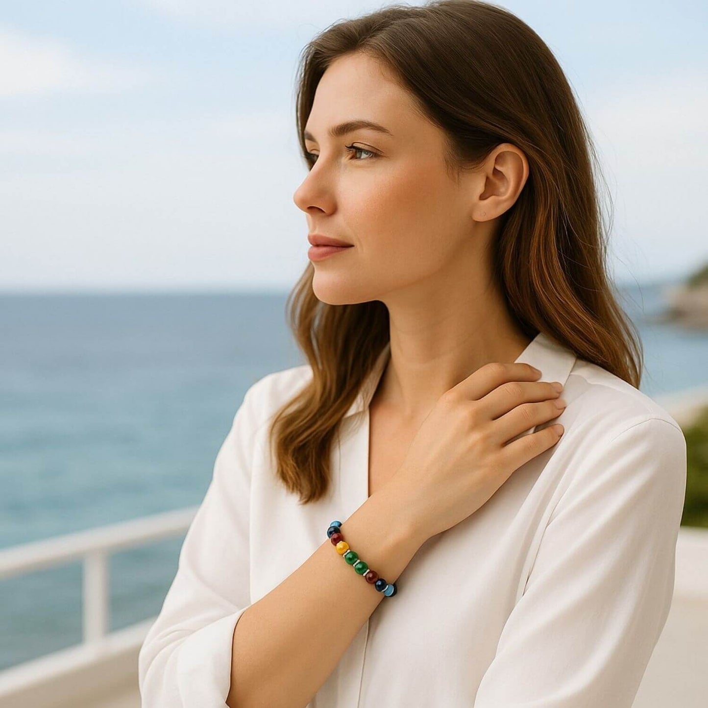 cadeau maman heureuse regarde mer bracelet chakras