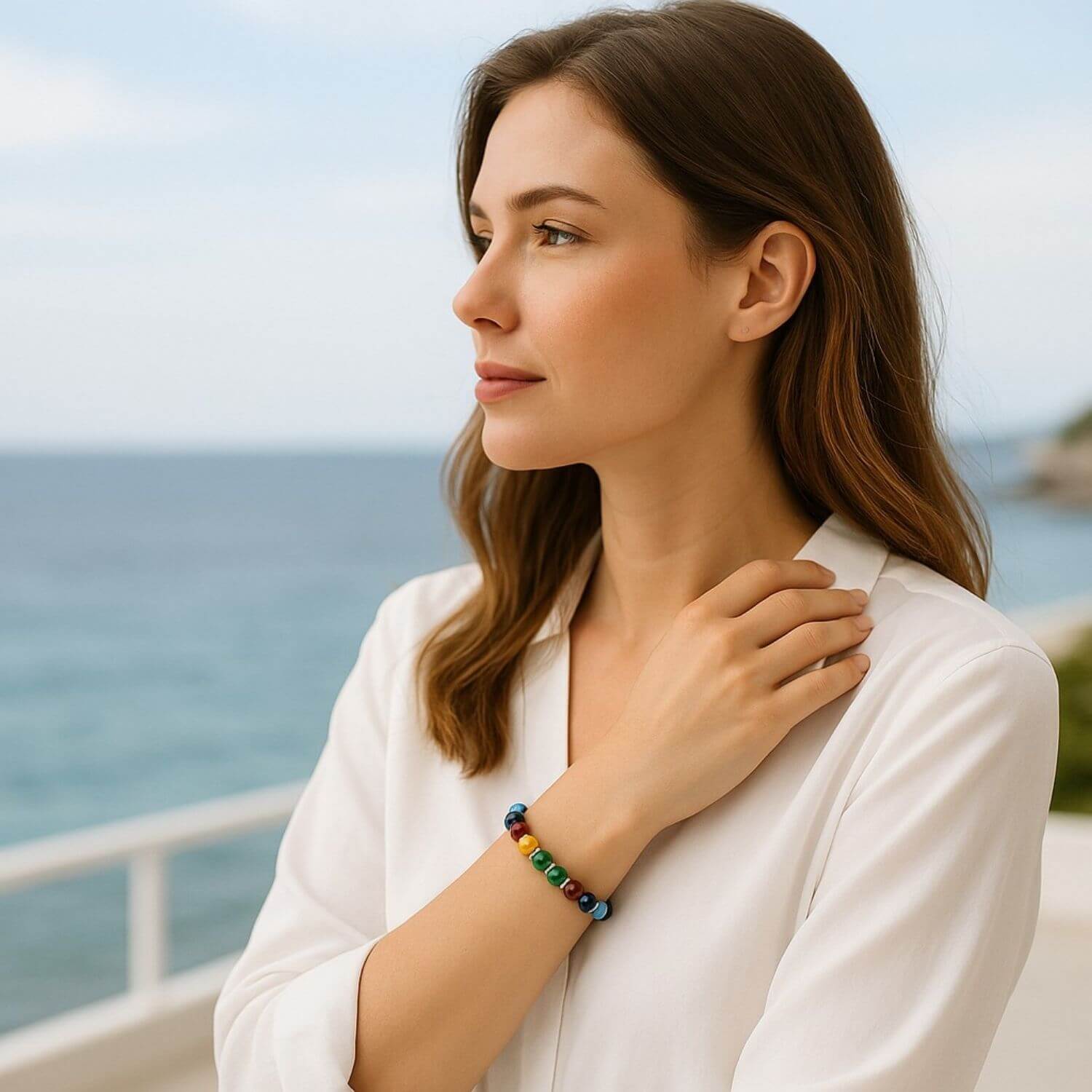 cadeau maman heureuse regarde mer bracelet chakras