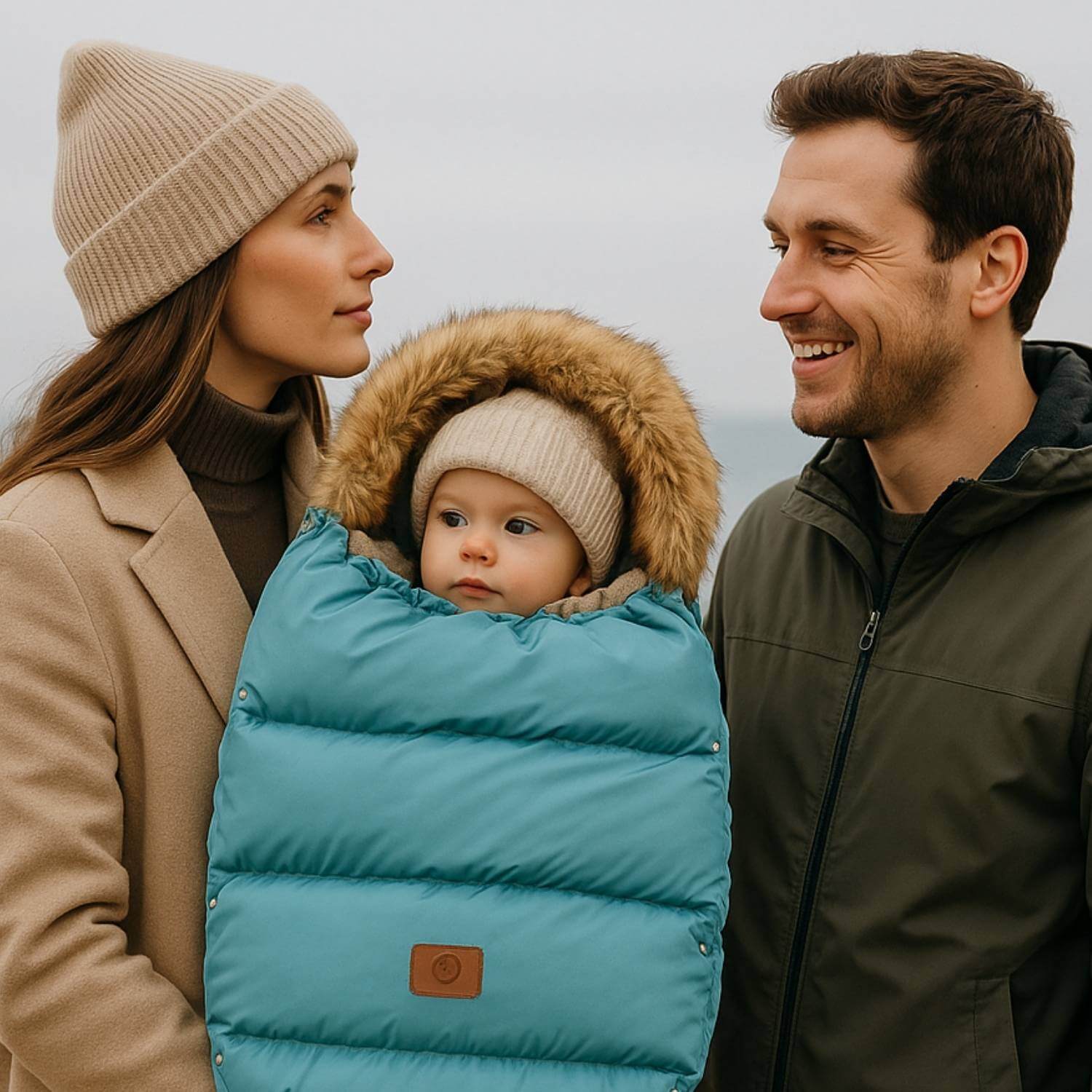 chanceliere pour poussette bleue parents regardent bebe