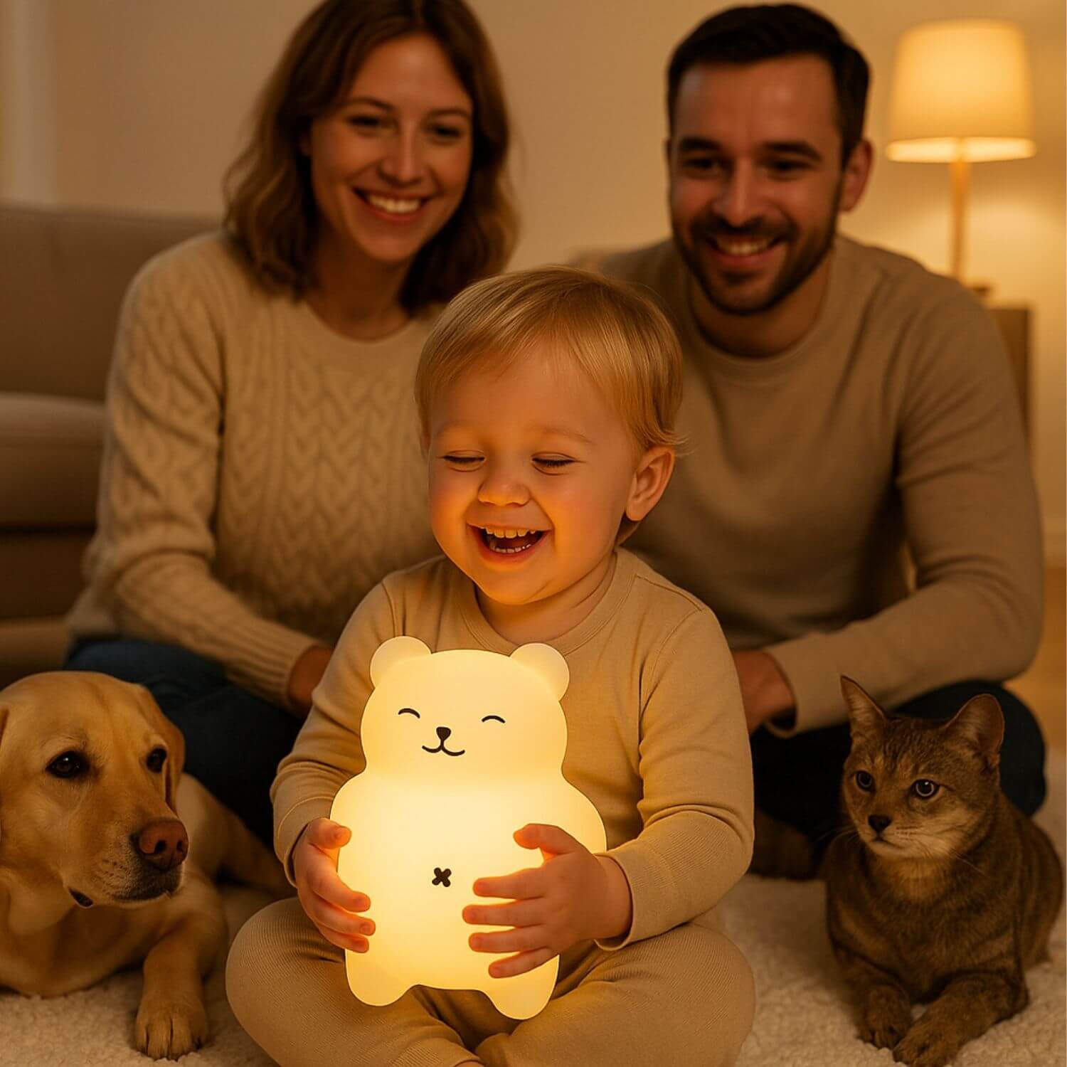 famille heureuse veilleuse enfant ours ronflette