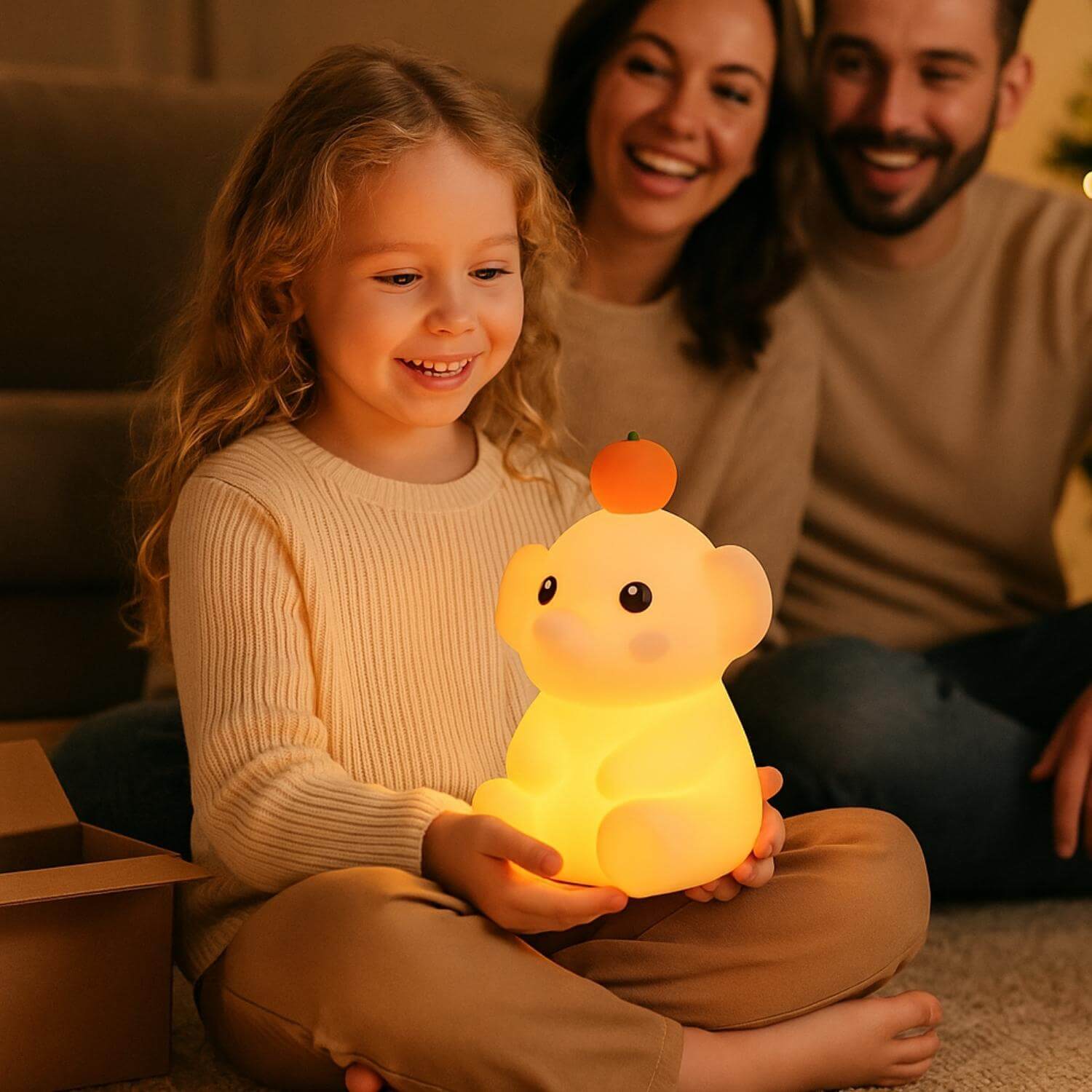 fille contente cadeau veilleuse enfant elephant max