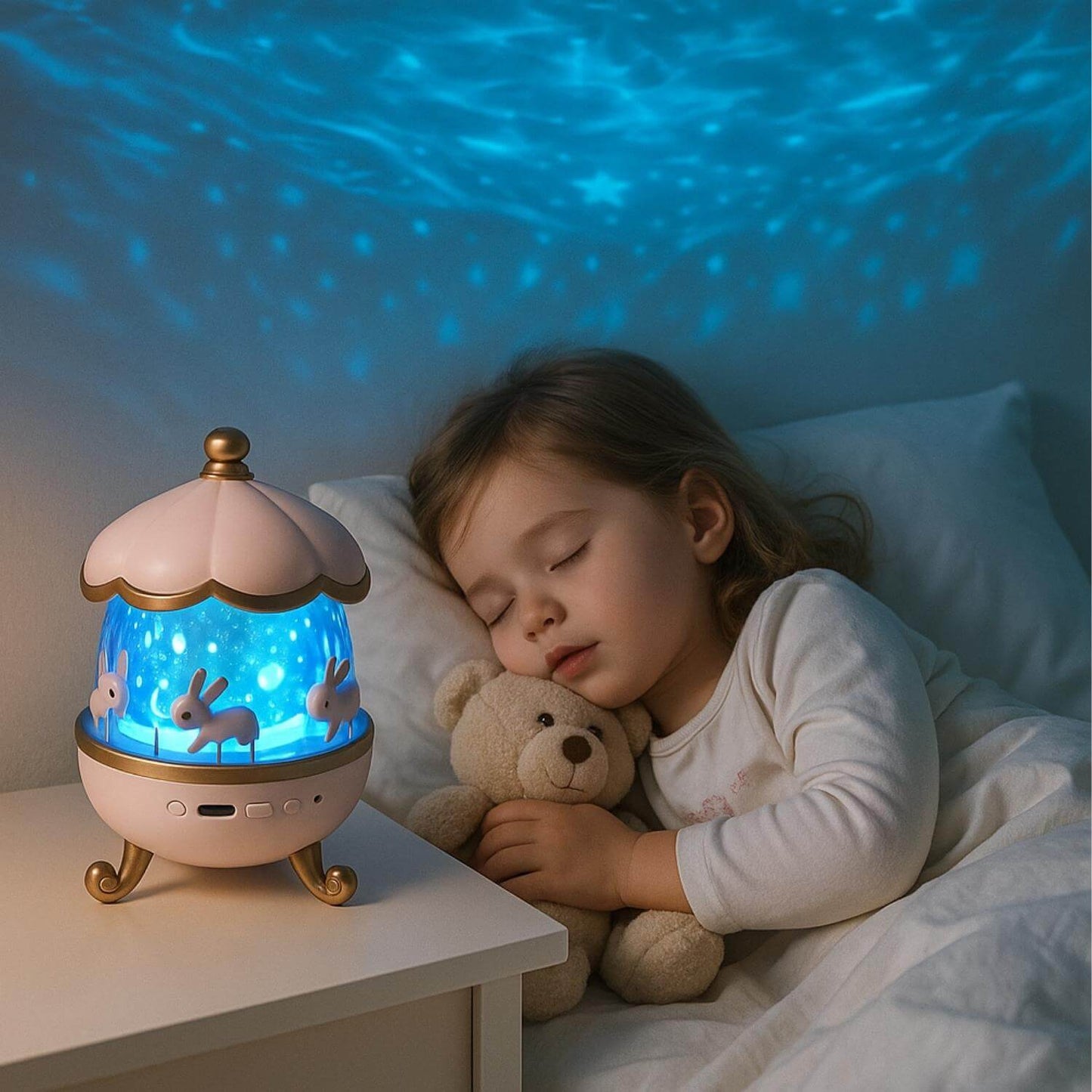 fille dort veilleuse bebe projection plafond manege lapin