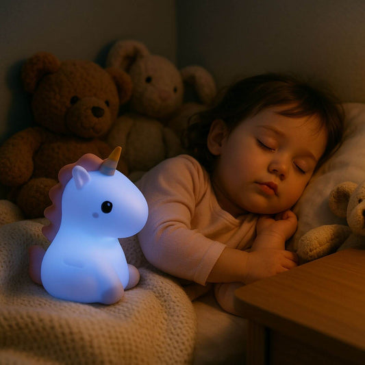 fille dort veilleuse enfant bleue licorne dasy