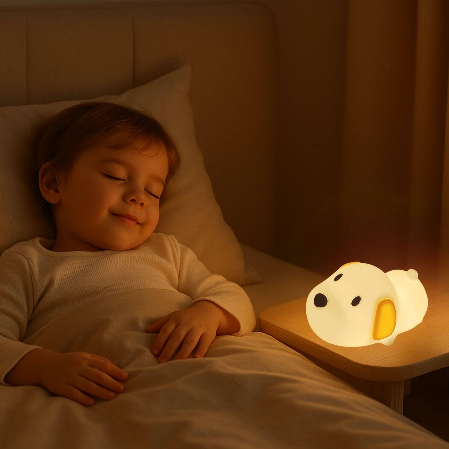fille dort veilleuse enfant chien buddy