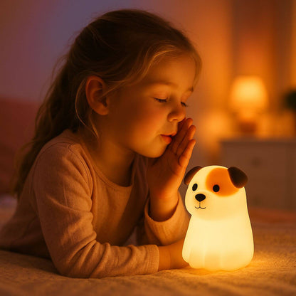 fille heureuse veilleuse enfant chien poppi