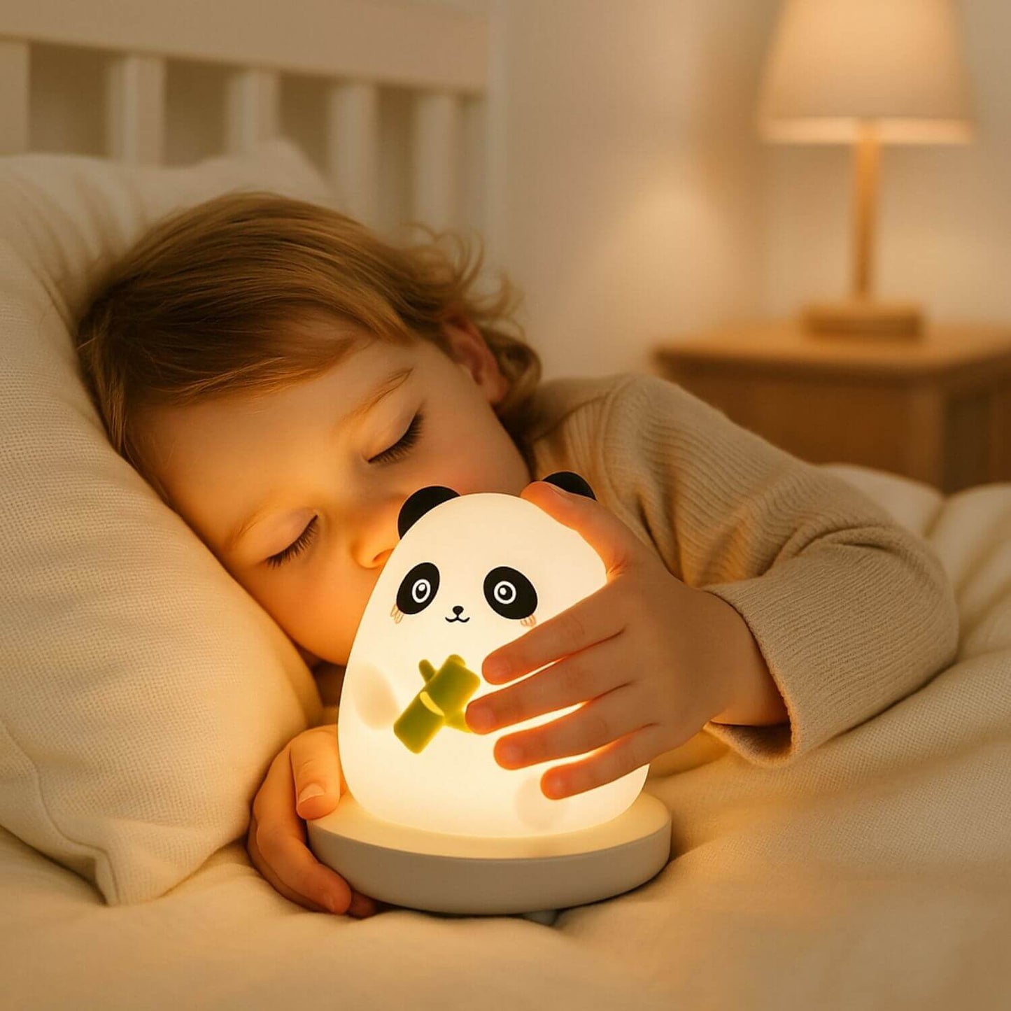 fille manipule veilleuse bebe panda