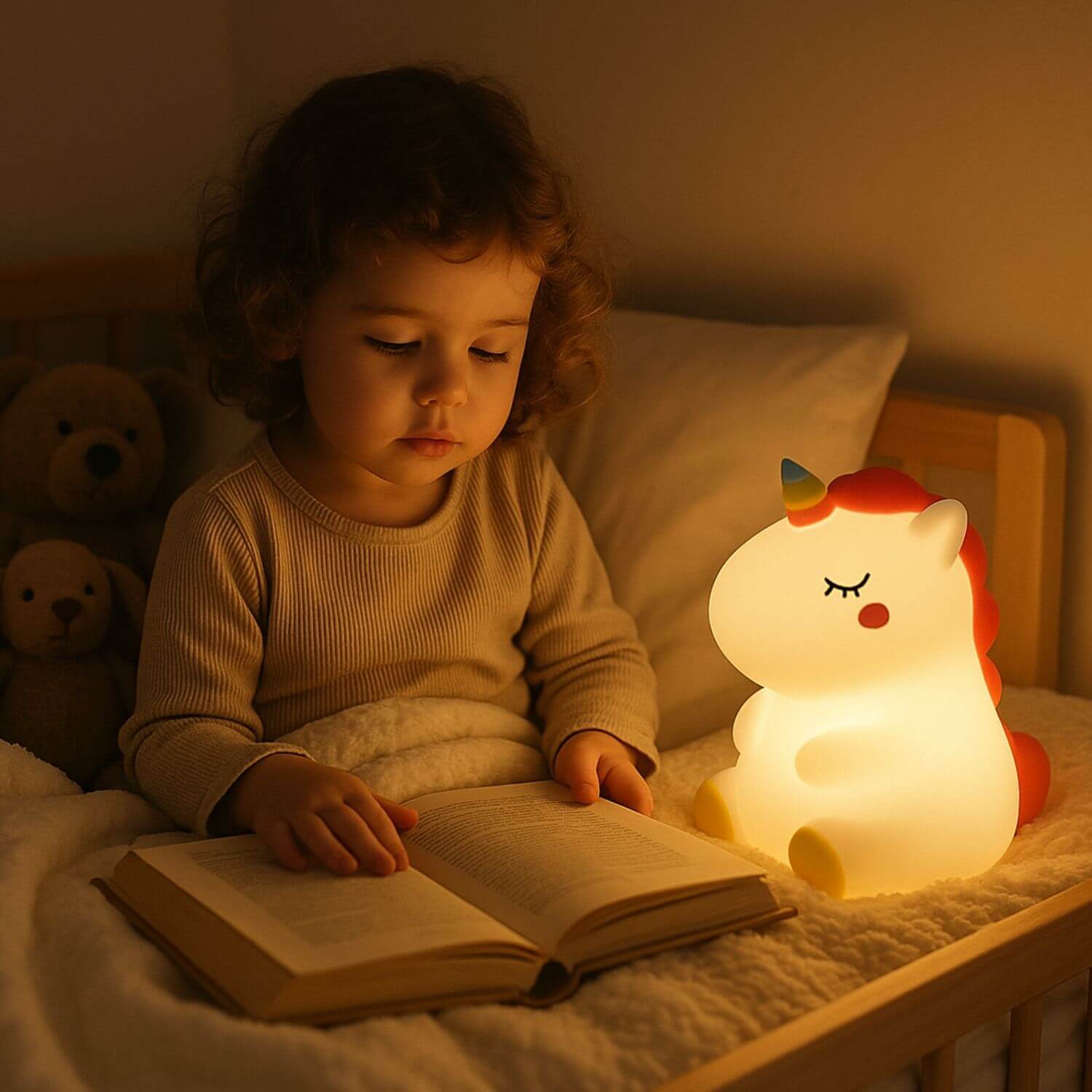 fille regarde livre veilleuse enfant licorne dasy