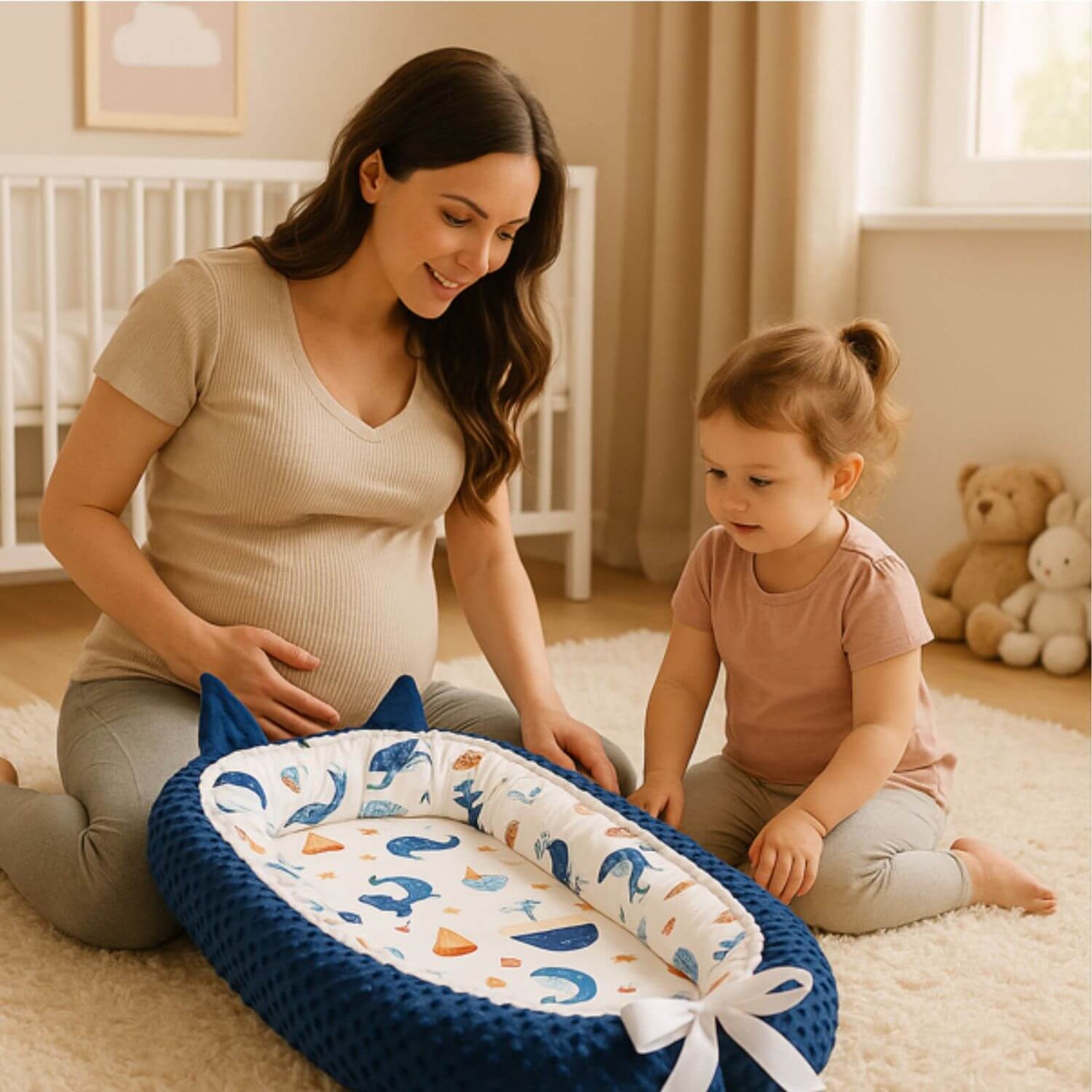 maman assise avec sa fille regarde nid dange bebe