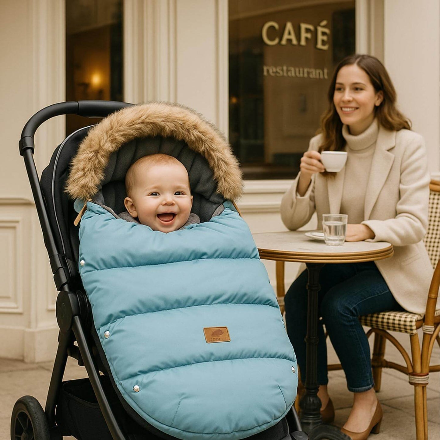 maman heureuse chanceliere pour poussette protege bebe