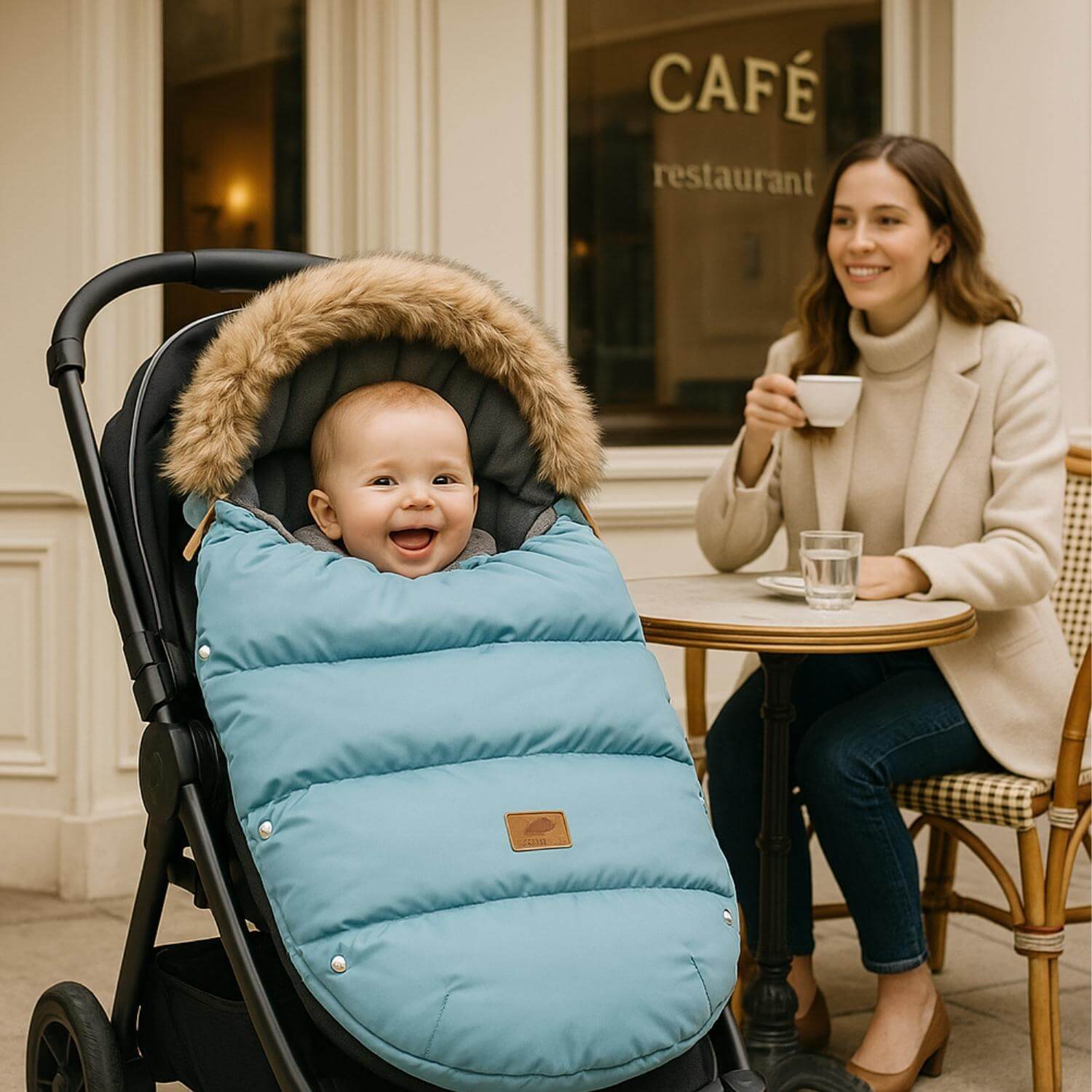 maman heureuse chanceliere pour poussette protege bebe