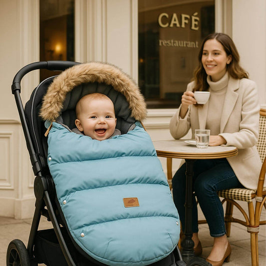maman heureuse chanceliere pour poussette protege bebe