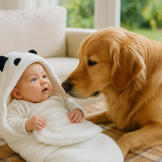 nid dange blanc bebe avec chien calin