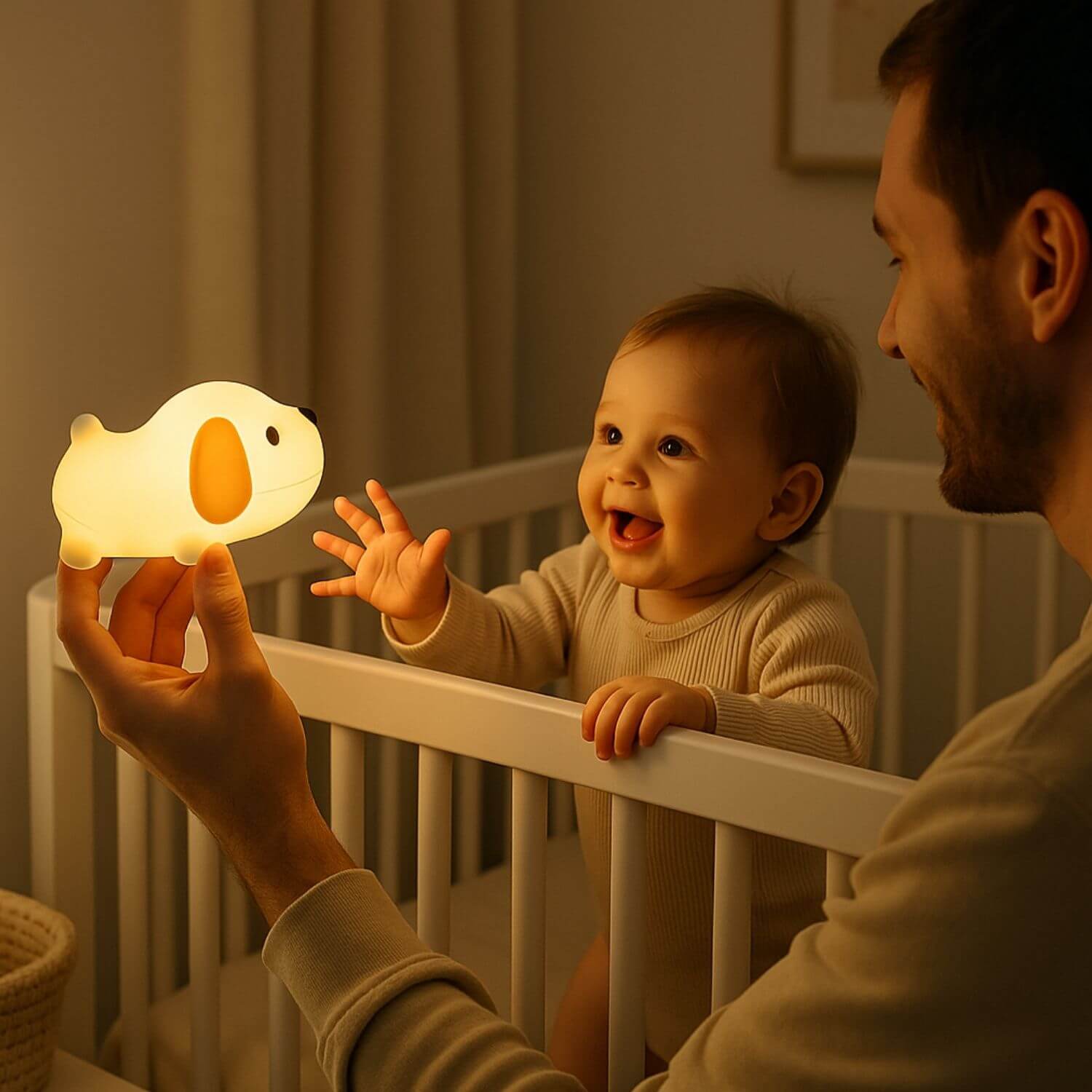 papa donne veilleuse enfant chien buddy bebe