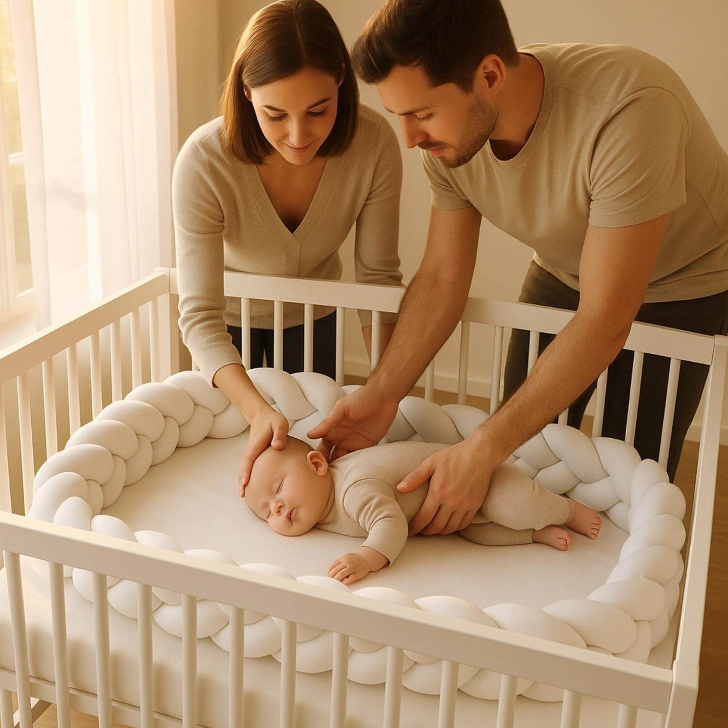 parents rassures tresse de lit monochrome blanche