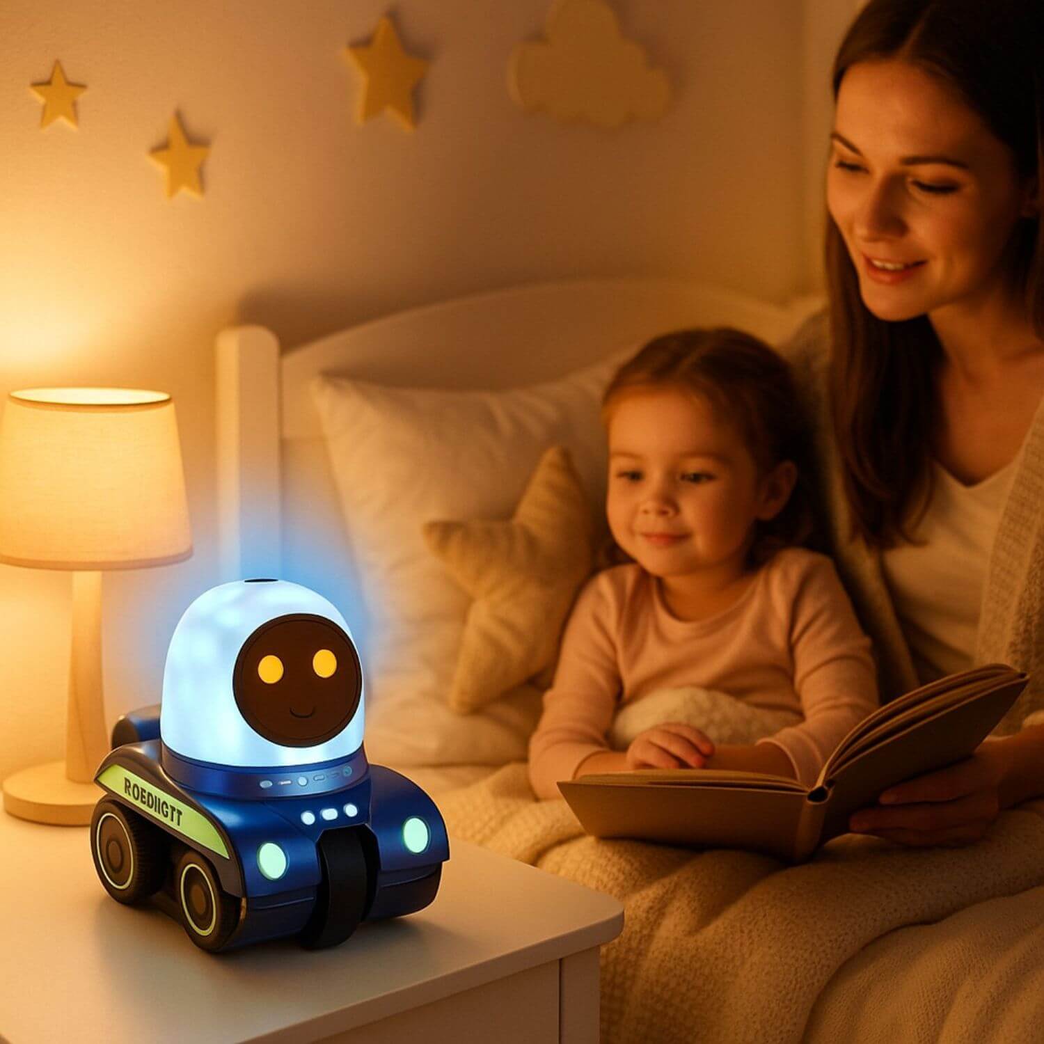 petite fille ecoute histoire avec veilleuse bebe projection plafond robot