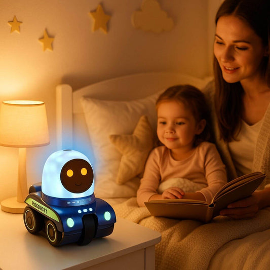 petite fille ecoute histoire avec veilleuse bebe projection plafond robot