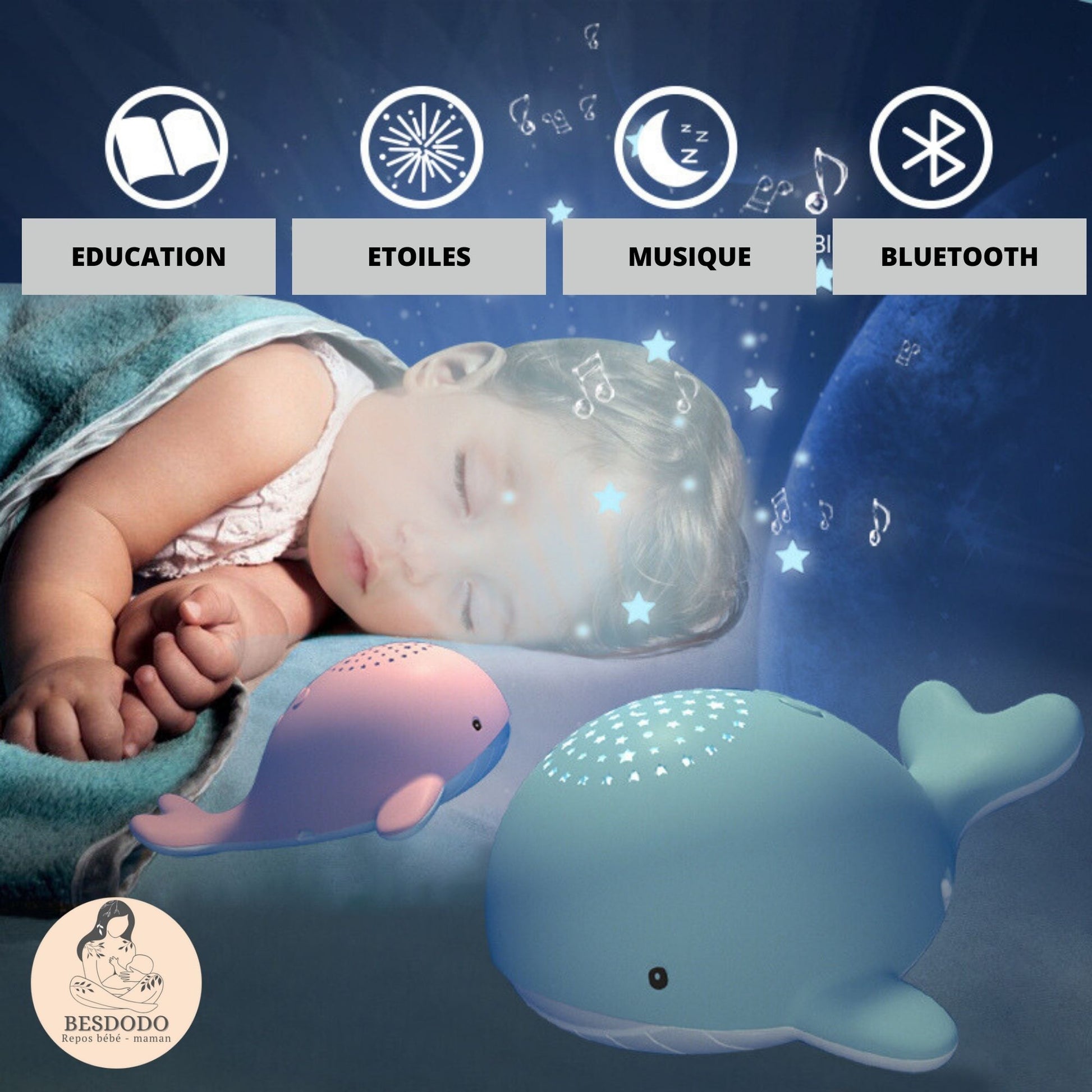 Veilleuse bébé projection plafond musicale famille baleine