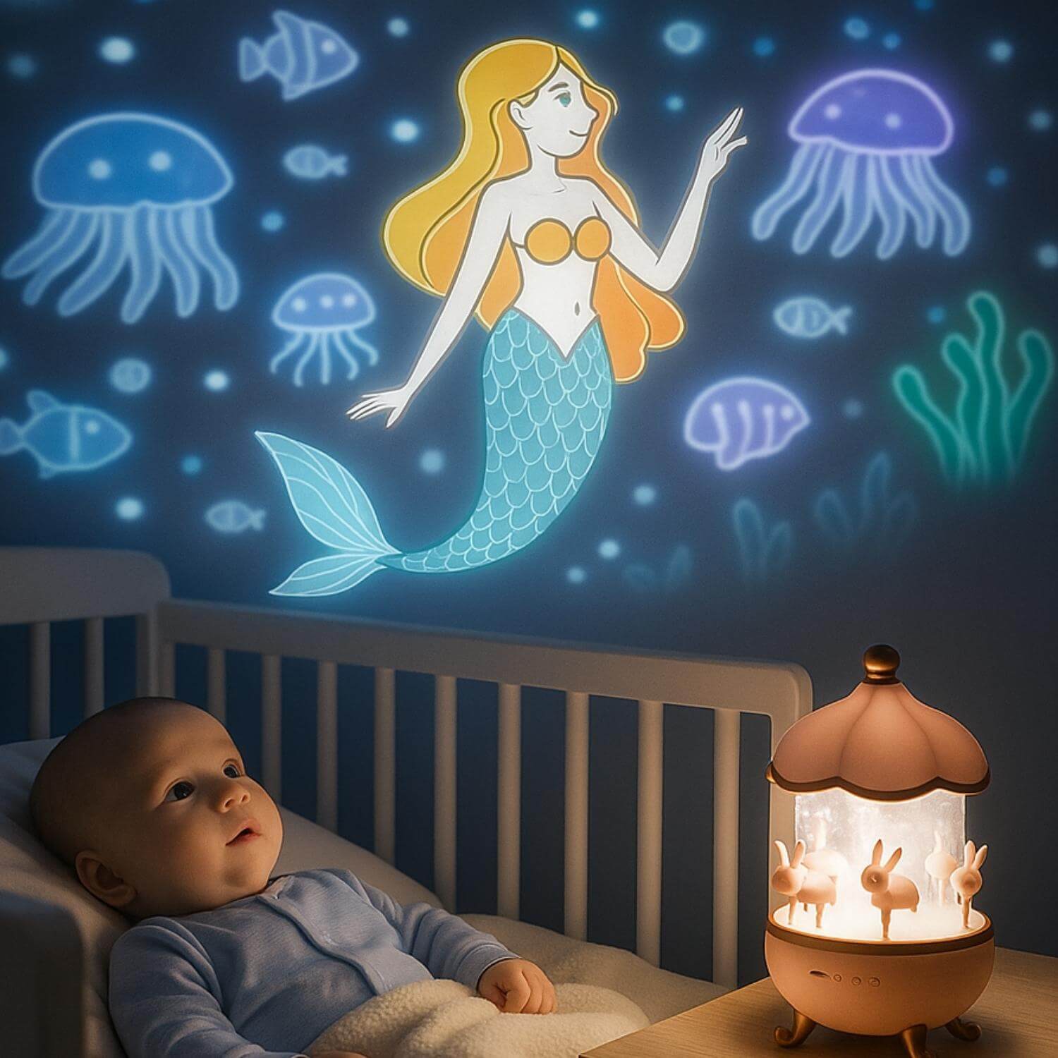 veilleuse bebe projection plafond manege lapin bebe dort