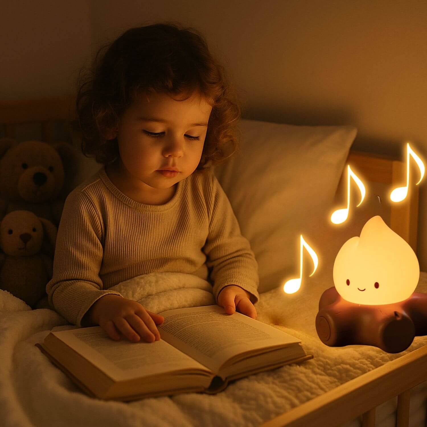 veilleuse bruit blanc flamme enfant regarde livre lit